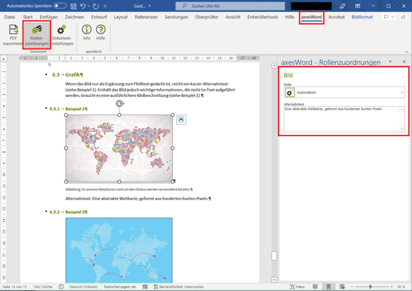 Bildschirmfoto der Benutzeroberfläche von Microsoft Word bei der Auswahl von axesWord in der Menüleiste und der Schaltfläche "Rollenzuordnungen"