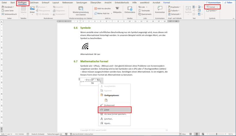 Screenshot der Benutzeroberfläche in Word. Umwandlung einer Formel in die lineare Form.