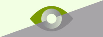 In der Mitte der Abbildung ist ein Ikon eines Auges. Von der Ecke unten links bis oben rechts, auch durch das Auge, geht eine Linie. Links-oberhalb ist die Abbildung in einem Hellgrün gehalten, das Auge ist grün. Unterhalb-rechts von der Diagonalen ist das Auge und der Hintergrund in Grautönen gehalten