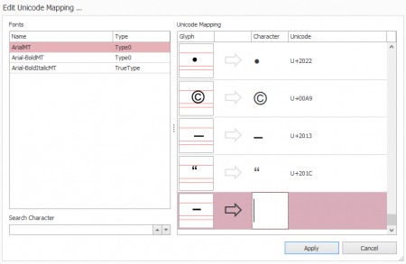 Screenshot: axesPDF QuickFix: Edit Unicode Mapping ...