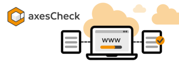 Logo von axesCheck oben links im Eck. Im Vordergrund das Schaubild von einem Dokument, das mit einem Laptop verbunden ist. Auf der anderen Seite des Laptops ist ein Dokument mit einem Häkchen dran. Dahinter sind orangene Wolken.