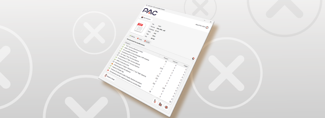 Benutzeroberfläche von PAC 2024. Dahinter: Grauer Untergrund mit weißen X in Kreisen.