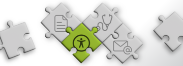 Mehrere Puzzleteile die ineinander greifen. Auf den grauen Puzzleteilen sind Symbole von einem Dokument, einem Stetoskop und einem Brief. Auf dem grünen ist das Symbol für Barrierefreiheit.