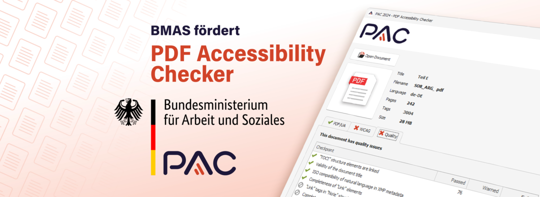 Illustration: PAC Ansicht. Logo Pac und BMAS. Text: BMAS fördert PDF Accessibility Checker