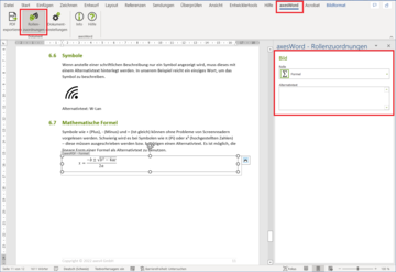 Screenshot der Benutzeroberfläche in Word. Rollenzuweisung und Alternativtext für eine Formel.