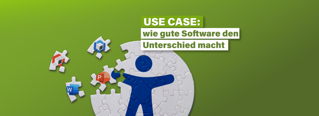 Puzzle mit einem Barrierefreiheits-Symbol. Links davon liegen Puzzleteile mit den Logos von axesSlide, axesWord, Microsoft Word und Microsoft PowerPoint. Text: Use Case: Wie gute Software den Unterschied macht.