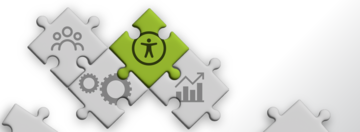 Mehrere Puzzleteile, die ineinander greifen. Drei der Puzzleteile sind grau. Auf ihnen sind unterschiedliche Symbole: Mehrere Menschen, Zahnräder, Diagramm mit Tendenz steigend. Ein Puzzleteil ist grün. Auf diesem ist das Symbol für digitale Barrierefreiheit.