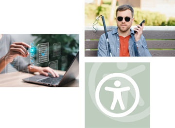 3 Bilder. Person an einem Laptop. Person mit Sonnenbrille und Blindenstock. Symbol "digitale Barrierefreiheit" 