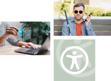3 Bilder. Person an einem Laptop. Person mit Sonnenbrille und Blindenstock. Symbol "digitale Barrierefreiheit"