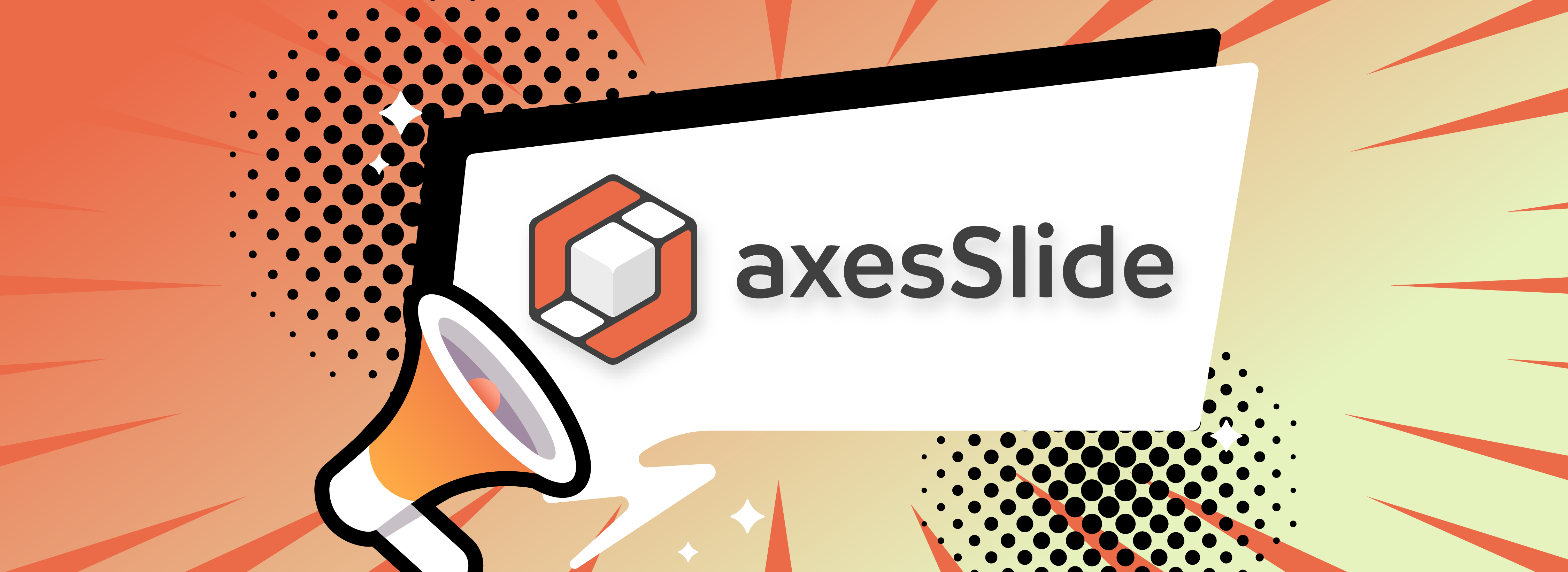 Orange-farbener Lautsprecher. Sprechblase: axesSlide (mit Logo)