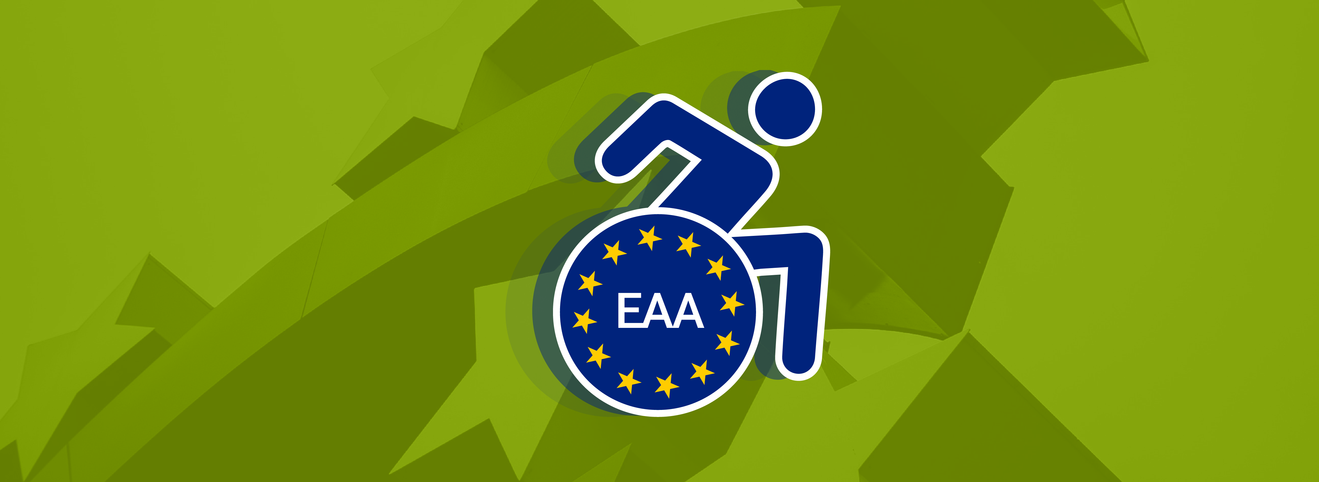 Ein dunkelblaues Rollstuhlsymbol ist in der Mitte der Abbildung vor grünem Hintergrund. Den Reifen des Rollstuhl schmücken 12 Sterne. In der Mitte steht EAA.