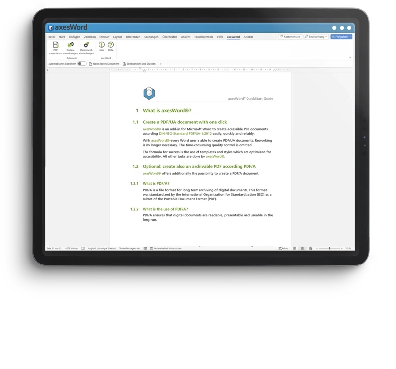 Screen with Microsoft Word and axesWord: the result is a PDF/UA file
