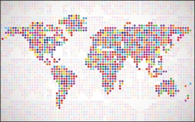 Eine abstrakte Weltkarte, geformt aus hunderten bunten Pixeln.