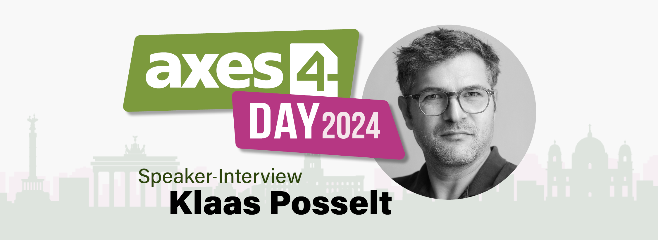 Logo: axes4 Day 2024. Portrait von Klaas Posselt. Text: Speaker-Interview: Klaas Posselt