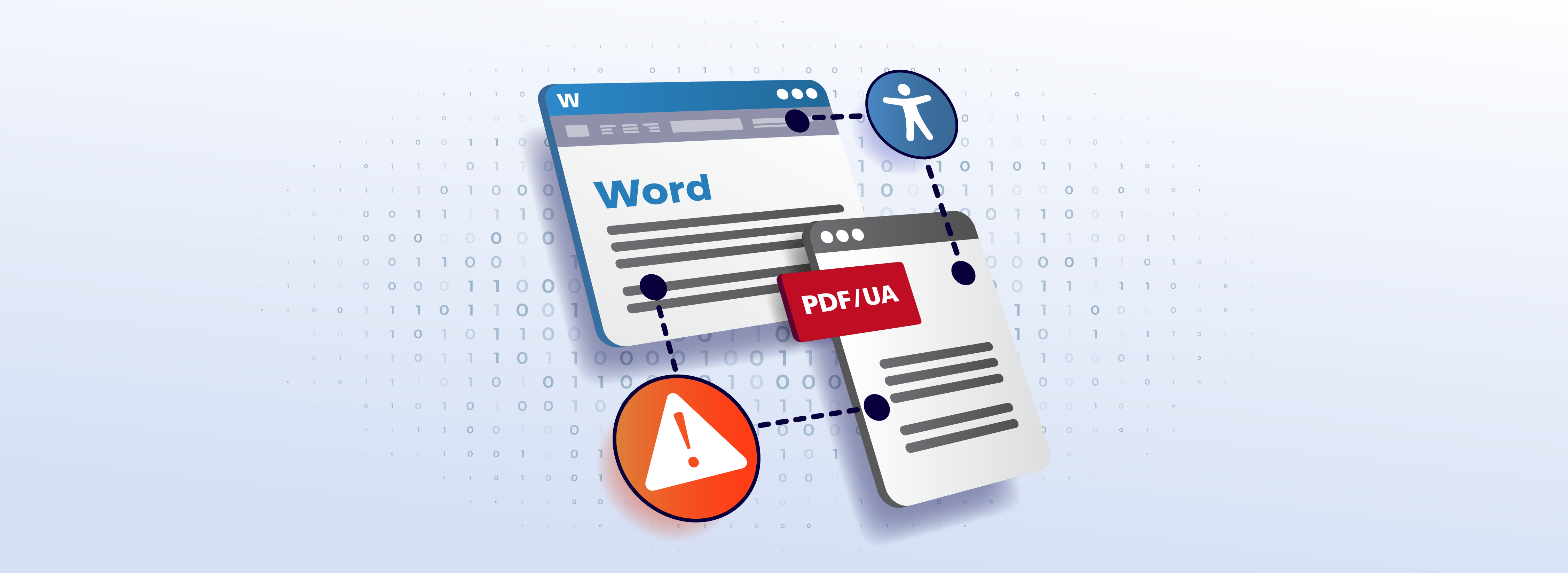 Illustration: Word-Dokument und Oberfläche einer Anwendung mit der Beschriftung "PDF/UA" sind durch zwei Linien miteinander verbunden. Die eine Linie ist mit einem Icon "digitale Barrierefreiheit" spezifiziert, die andere mit einem Symbol: Dreieick mit einem Ausrufezeichen.