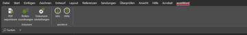 Bildschirmfoto: Die Registerkarte axesWord ganz rechts in Word ist geöffnet, es werden die Optionen PDF exportieren, Rollenzuordnung, Dokumenteneinstellungen, Info und Hilfe angezeigt.