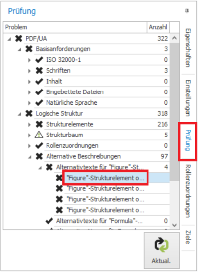 Bildschirmfoto des Aufgabenbereich-Fensters in axesPDF. Auswahl des Menü-Punktes "Prüfung"