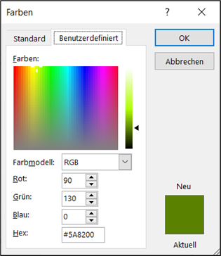 ildschirmfoto des Dialogfensters "Farben" in Microsoft Word. Gezeigt wird das Feld "Benutzerdefiniert".