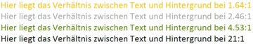 Beispiele von Kontrastverhältnissen. Der erste Satz ist in Gelb: Hier liegt das Verhältnis zwischen Text und Hintergrund bei 1.64:1. Der zweite Satz ist in Hellgrau: Hier liegt das Verhältnis zwischen Text und Hintergrund bei 2.46:1. Der dritte Satz in Grün: Hier liegt das Verhältnis zwischen Text und Hintergrund bei 4.53:1. Der vierte Satz in Schwarz: Hier liegt das Verhältnis zwischen Text und Hintergrund bei 21:1.