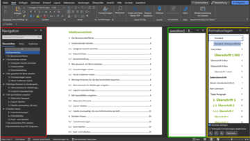 Ein gesamtes Wordfenster mit Dokument, wobei links das Navigationsfenster geöffnet ist, und rechts die axesWord-Rollenverteilung und das Formatvorlagenfenster. 