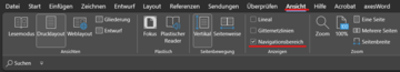 Bildschirmfoto: Registerkarte Ansicht ist geöffnet, Navigationsbereich ist angewählt