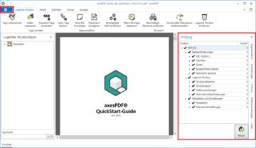 Bildschirmfoto der Benutzeroberfläche von axesPDF. Die benötigten Elemente auf der Benutzeroberfläche sind gekennzeichnet: Hauptmenü | Augabenbereich-Fenster mit den Auswahlmöglichkeiten Eigenschaften, Einstellungen, Prüfung, Rollenzuordnungen und Ziele.