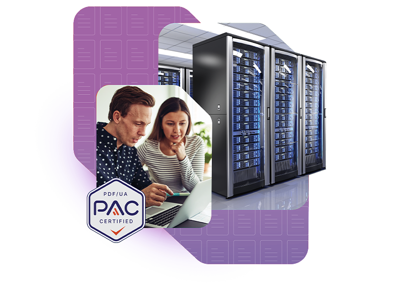 Server racks with flying PDF documents, symbolizing automated PDF accessibility checks