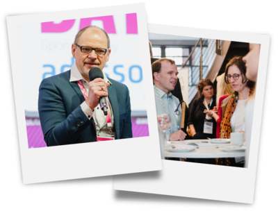 Two Polaroid-style photos: Markus Erle holding a microphone at axes4 Day 2026, and two participants chatting at a high-top table.