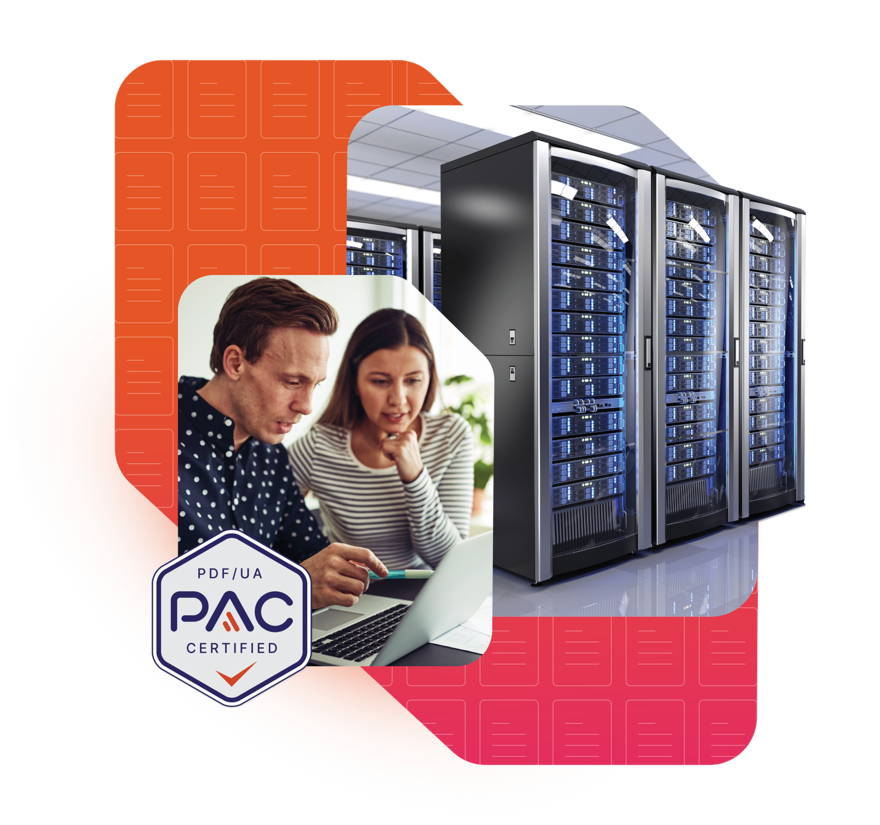 Server racks with flying PDF documents, symbolizing automated PDF accessibility checks