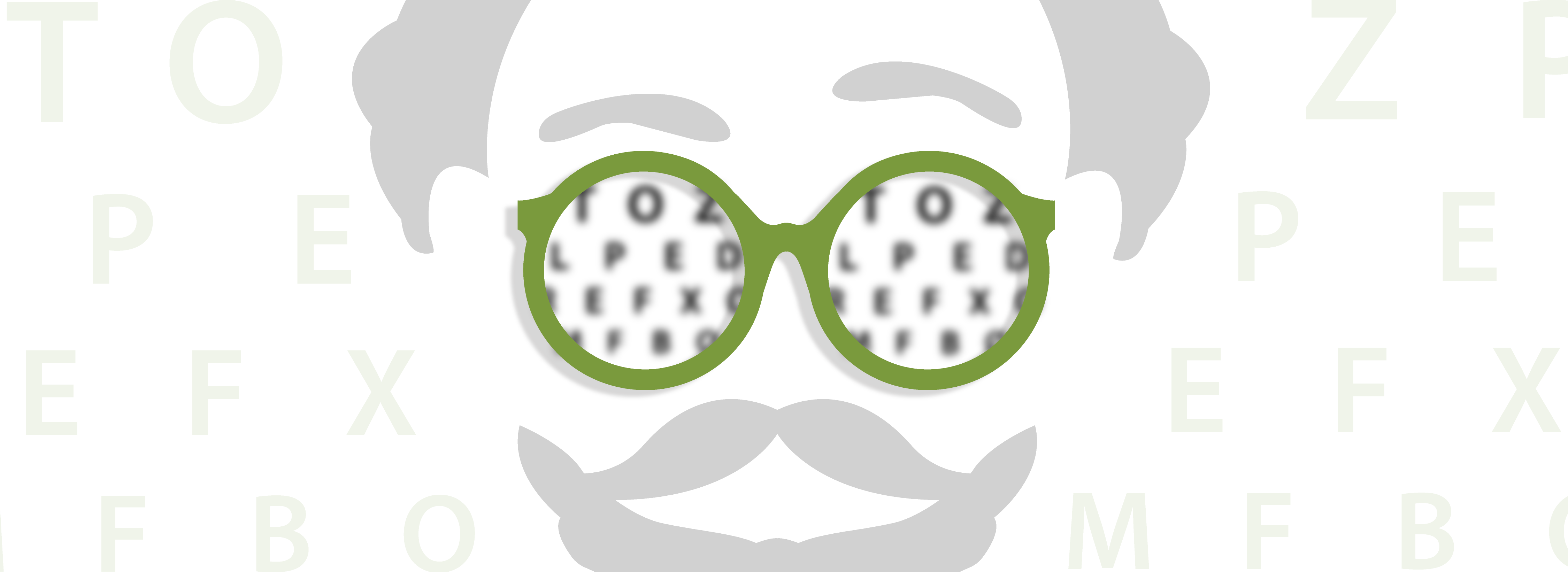 Illustration eines Menschen mit Vollbart. Der Mensch hat eine grüne Brille auf. In den Gläsern sind verschwommene Buchstaben.