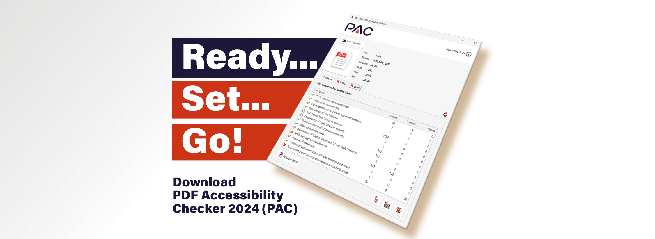 Ready... Set... Go! Download PDF Accessibility Checker 2024 (PAC). Screenshot der Benutzeroberfläche von PAC 2024.
