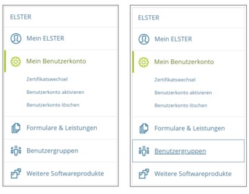 Links: Screenshot der Menüleiste mit den Punkten "Mein ELSTER", "Mein Benutzerkonto", "Formulare und Leistungen", "Benutzergruppen" und "Weitere Softwareprodukte" zur Auswahl. Rechts: Screenshot der Menüleiste mit den Punkten "Mein ELSTER", "Mein Benutzerkonto", "Formulare und Leistungen", "Benutzergruppen" und "Weitere Softwareprodukte" zur Auswahl. Der Punkt "Benutzergruppen" ist visuell hervorgehoben durch eine Unterstreichung.