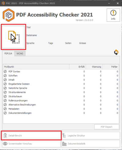 Screenshot der Benutzeroberfläche des Startbildschirms im PDF Accessibility Checker (PAC).