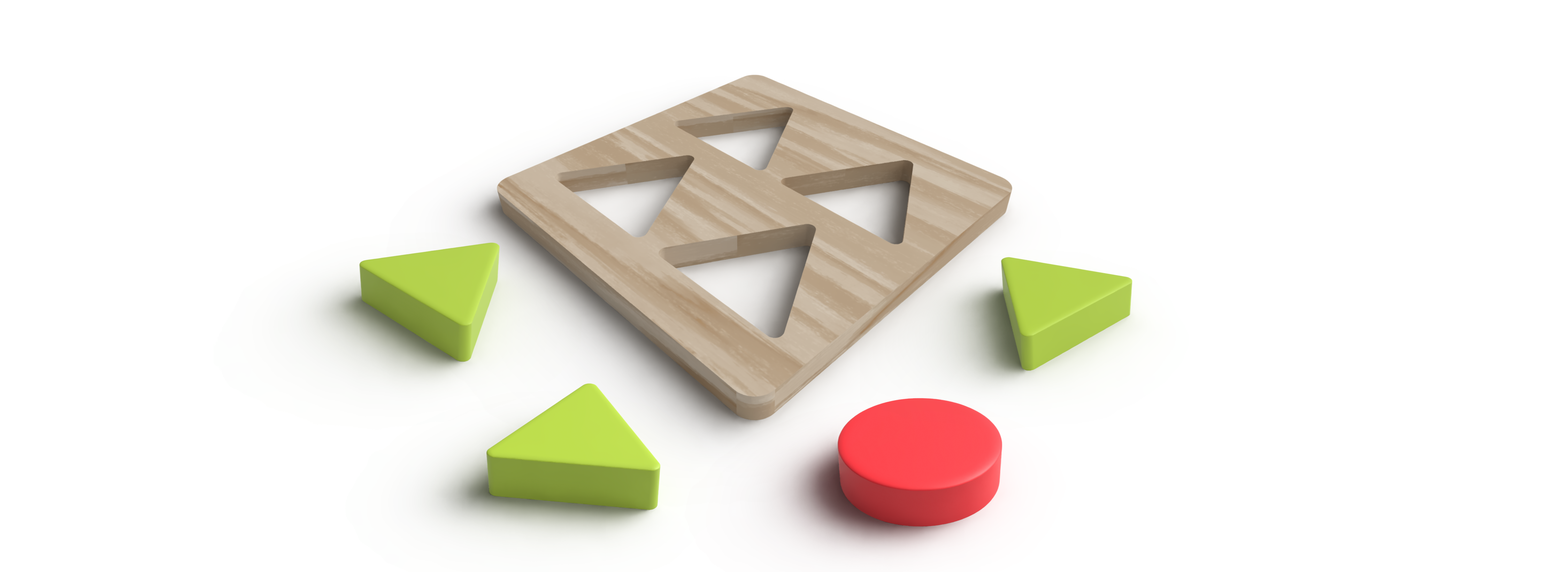 Eine Holzplatte aus dem 4 Dreiecke ausgesägt wurden. Um diese Platte liegen 3 grüne Dreiecke in derselben Größe wie die Löcher und 1 roter Kreis. 