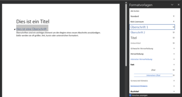 Ein Worddokument beinhaltet einen Titel und eine Überschrift, die gerade markiert ist. Sie sind genauso markiert wie die Formatvorlagen im Formatvorlagenfenster, welches daneben geöffnet ist.