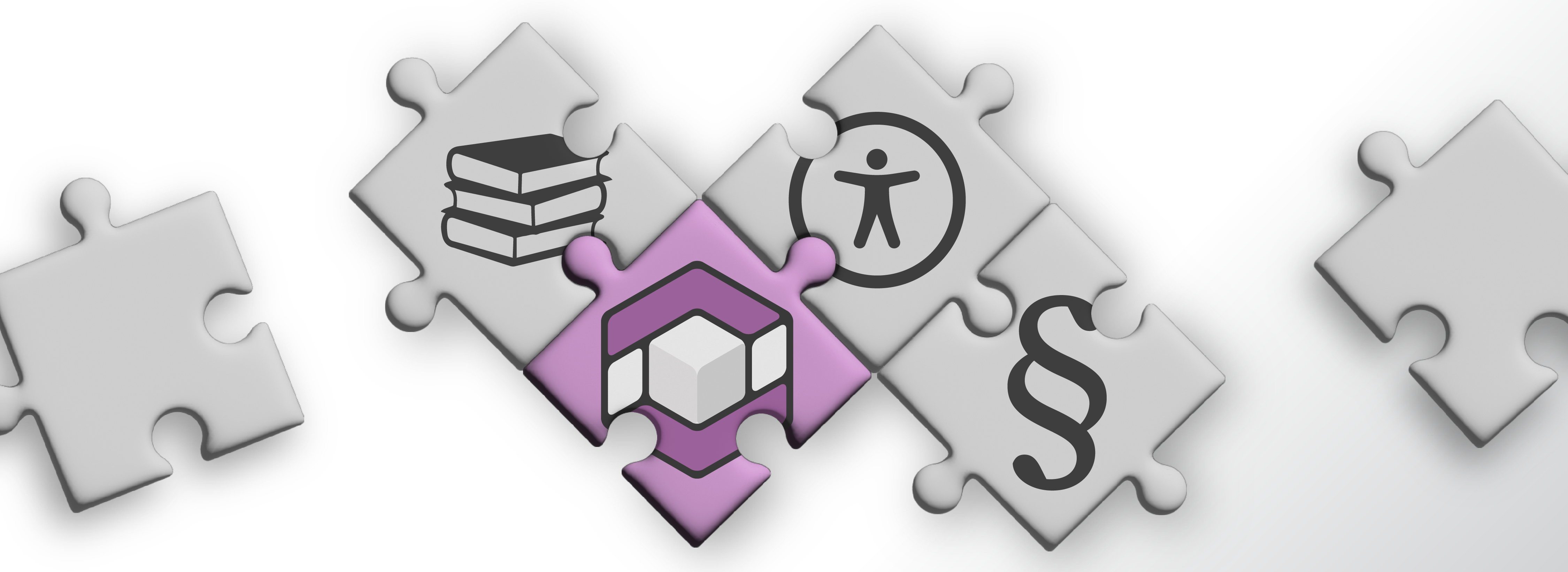 Mehrere Puzzleteile, die teilweise ineianderstecken. Die meisten Puzzleteile sind grau und mit Symbolen bedruckt: Bücher, Paragraf, digitale Barrierefreiheit. Ein Puzzleteil ist lila und mit dem axesService-Logo bedruckt.  