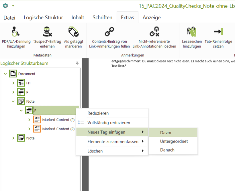 Screenshot: Benutzeroberfläche axesPDF. Strukturbaum, neuen Tag einfügen.
