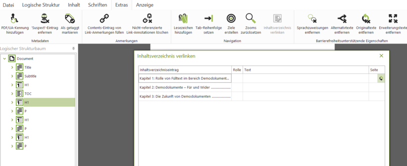 Screenshot axesPDF: Inhaltsverzeichnis manuell verlinken.