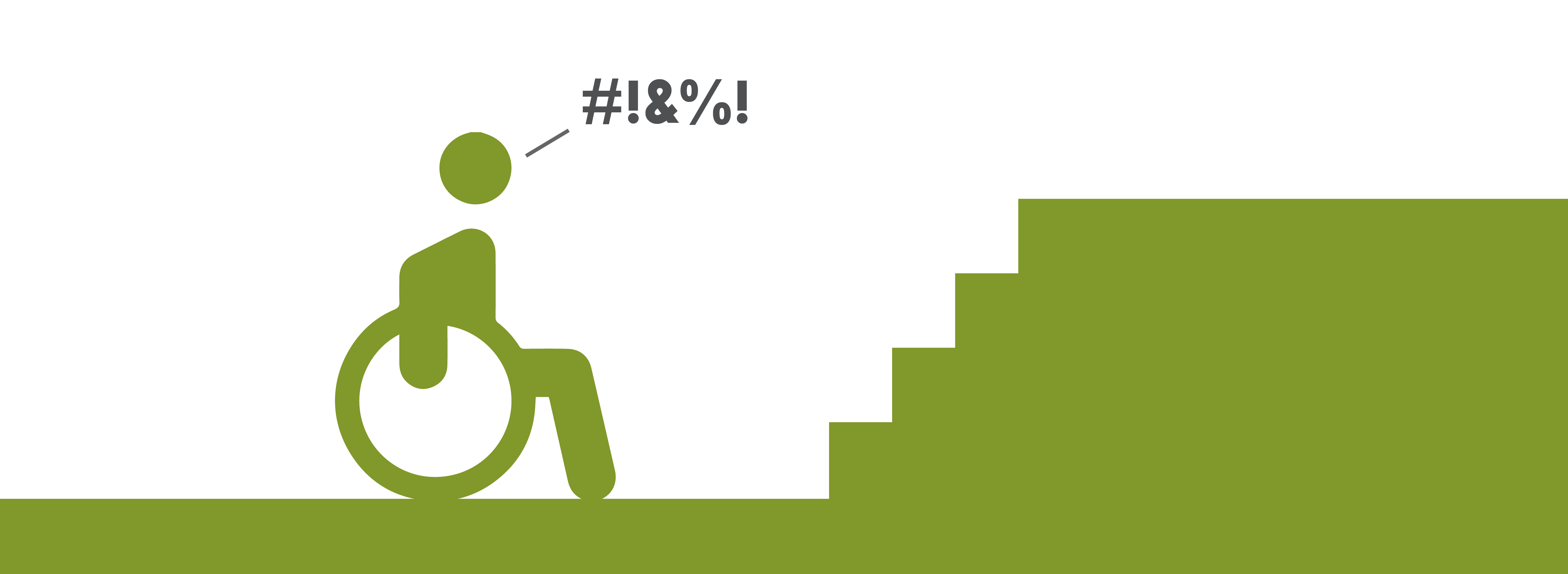 Rollstuhlfahrer-Icon ist vor einer Treppe. Schräg über dem Rollstuhlfahrer steht in einer Sprechblase: #!&%!