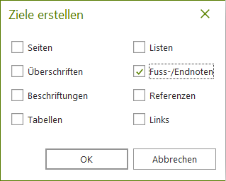 Screenshot: axesPDF, Ziele erstellen. Haken bei "Fuß- und Endnoten".