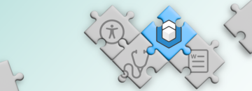 Vier Puzzleteile, die ineinander greifen. Auf jedem Puzzleteil ist ein Symbol: Barrierefreiheit, Stethoskop, axesWord, Dokument. Alle Puzzleteile sind grau, nur das Puzzleteil mit dem axesWord-Logo ist blau.