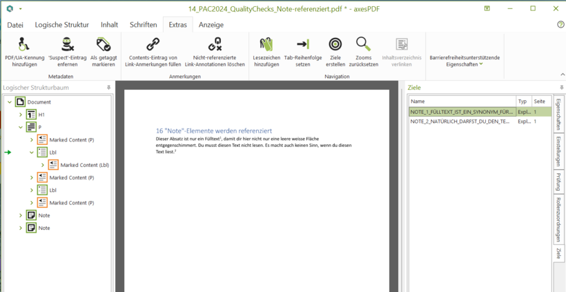 Screenshot: Benutzeroberfläche axesPDF. Rechte Spalte: Ziele. Linke Spalte: Strukturbaum, mit einem grünen Pfeil bei einem "Lbl"-Element.