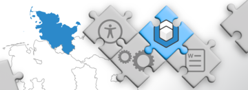 Hintergrund: Landkarte von Nord-Deutschland, Schleswig-Holstein ist blau gefärbt. Im Vordergrund: 4 Puzzleteile, die ineinander greifen. Symbole auf den Puzzleteilen: Barrierefreiheit, Zahnräder, Logo axesWord, Dokument.