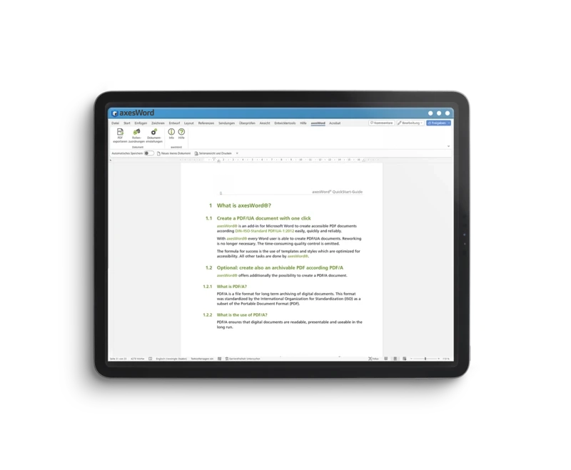 Screen with Microsoft Word and axesWord: the result is a PDF/UA file