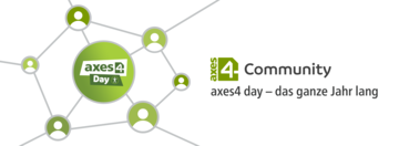 Auf der linken Hälfte des Banners sind mehrere grüne Kreise mit Personen-Icons, die mit einer schmalen grauen Linie miteinander verbunden sind. In der Mitte, in einem größeren Kreis, ist das axes4-Day-Logo. Rechts davon steht: axes4-Community. axes4 day - das ganze Jahr lang