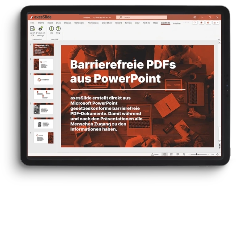 Screen with PowerPoint and axesSlide: the result is a PDF/UA file