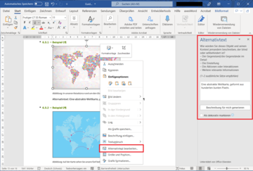 Bildschirmfoto der Benutzeroberfläche von Microsoft Word. Mit einem Rechtsklick auf ein Bild im Dokument wurde die Funktion "Alternativtext bearbeiten" geöffnet.