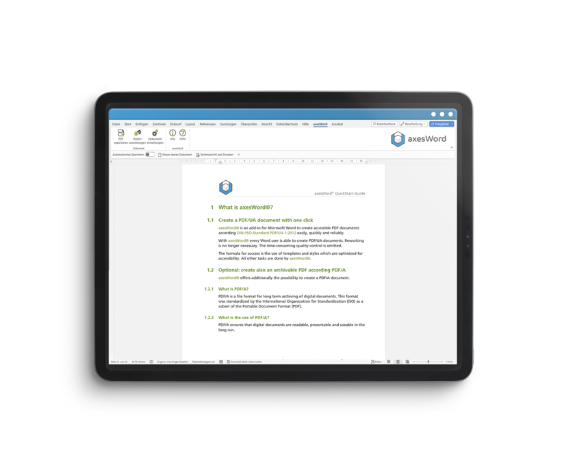 Screen with Microsoft Word and axesWord: the result is a PDF/UA file