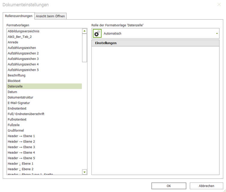 Screenshot: Zuordnung der Formatvorlage Datenzelle in den Dokumenteinstellungen, die Rolle der Formatvorlage lautet "Automatisch".
