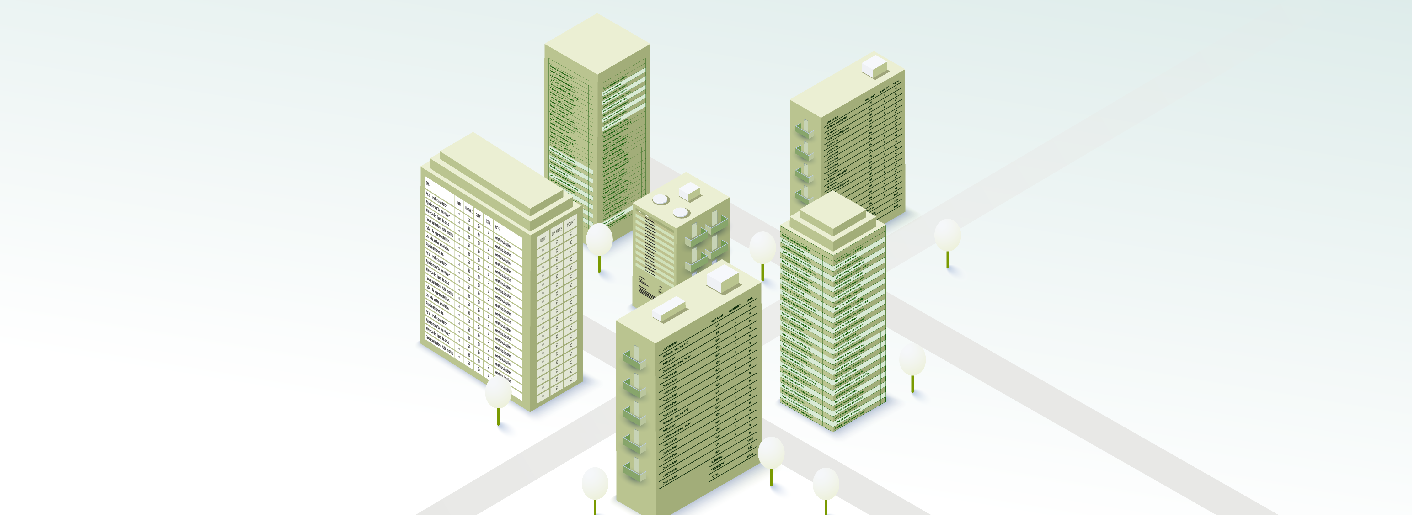 Skizze einer Stadt: Fünf Hochhäuser, die Tabellen an den Außenwänden haben; einige Straßen und Bäume.